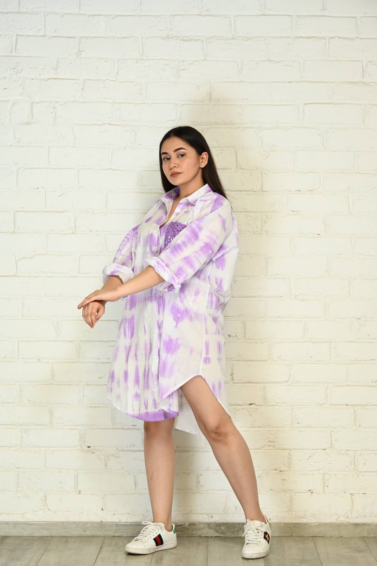 Purple-White Oversized Tie-Dye Cotton Shirt with Face Mask - kylee