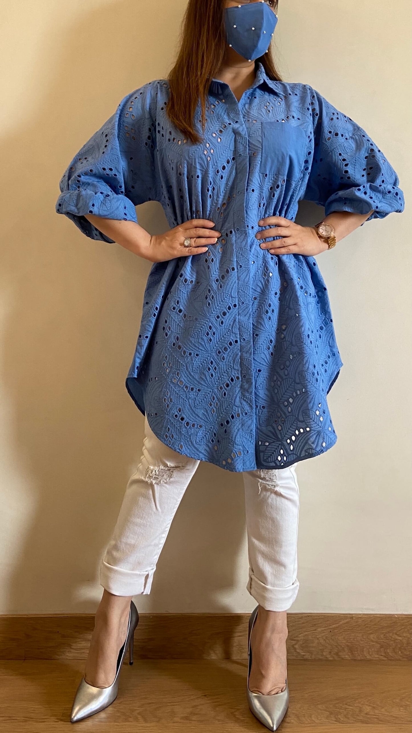 Lagoon Blue Oversized Chikankari Shirt (Freesize) - kylee