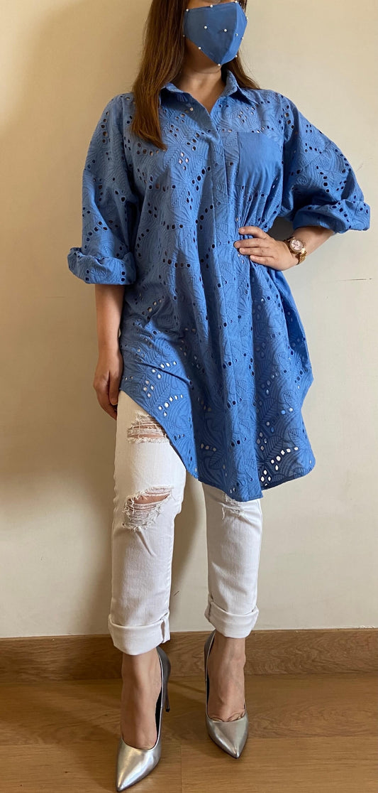 Lagoon Blue Oversized Chikankari Shirt (Freesize) - kylee