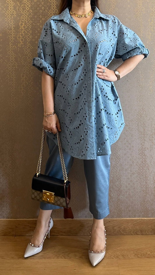 Blue Cotton Chikankari Co-ord Set with Belt