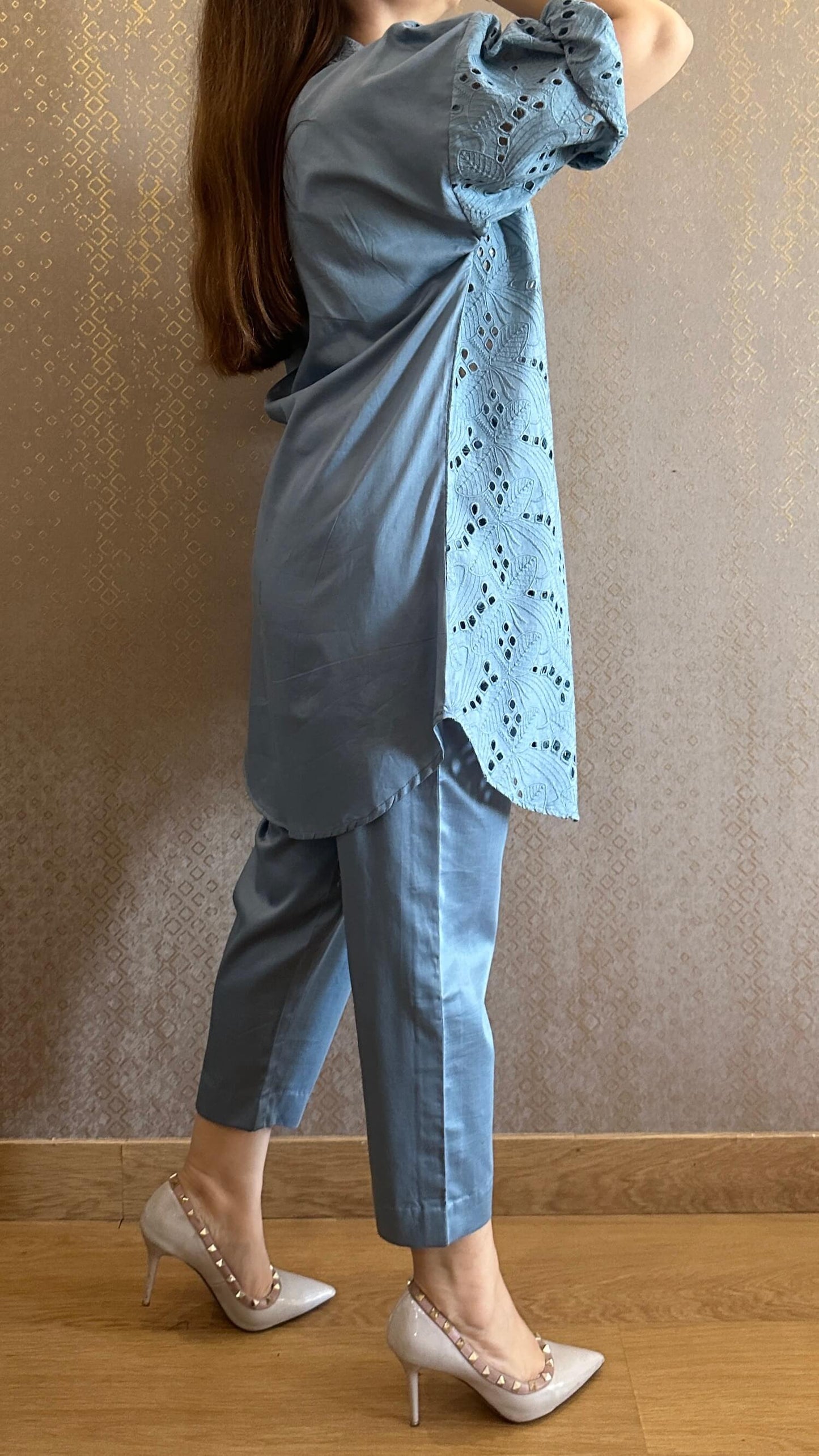 Blue Cotton Chikankari Co-ord Set with Belt