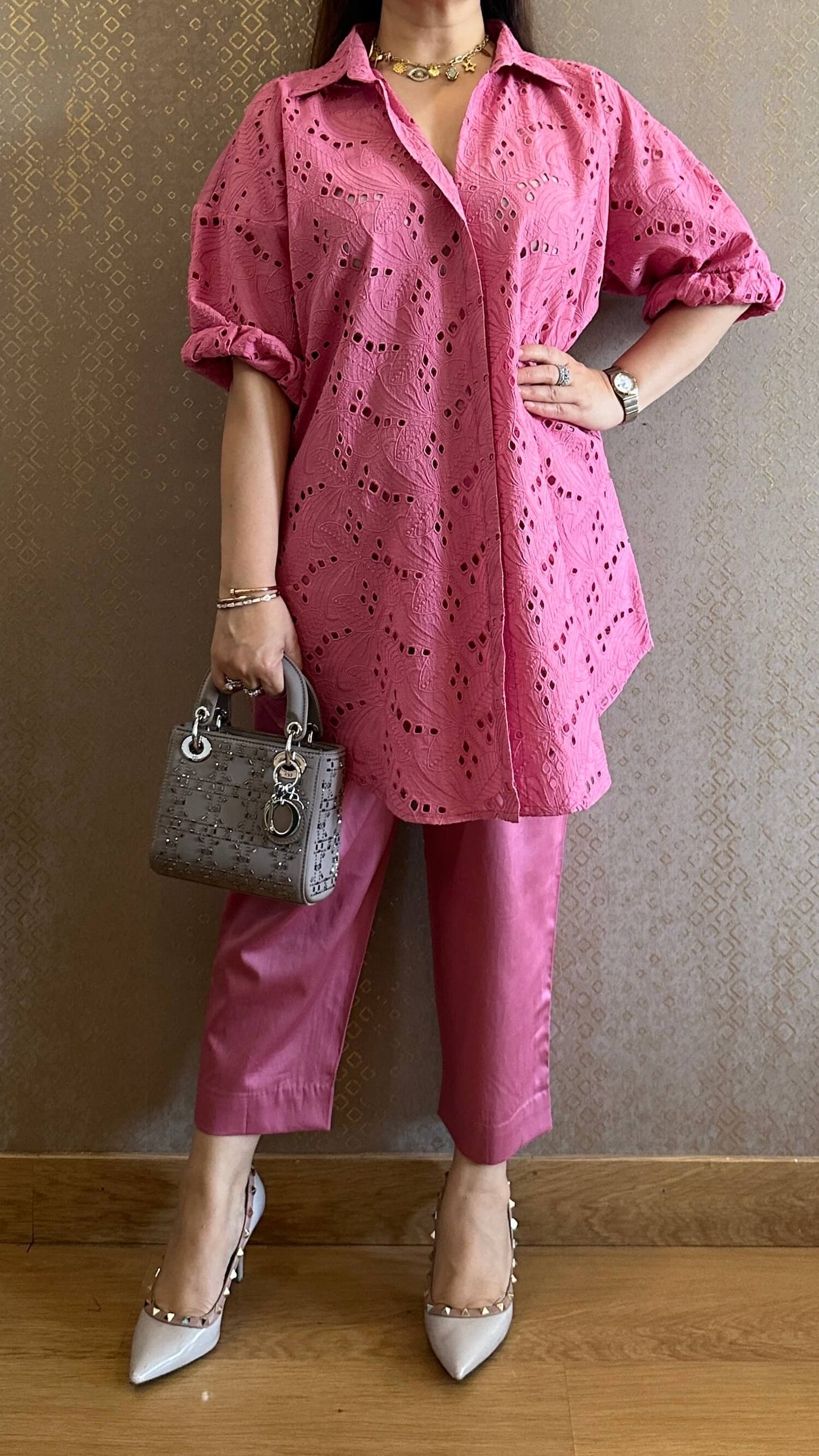 Pink Cotton Chikankari Co-ord Set with Belt