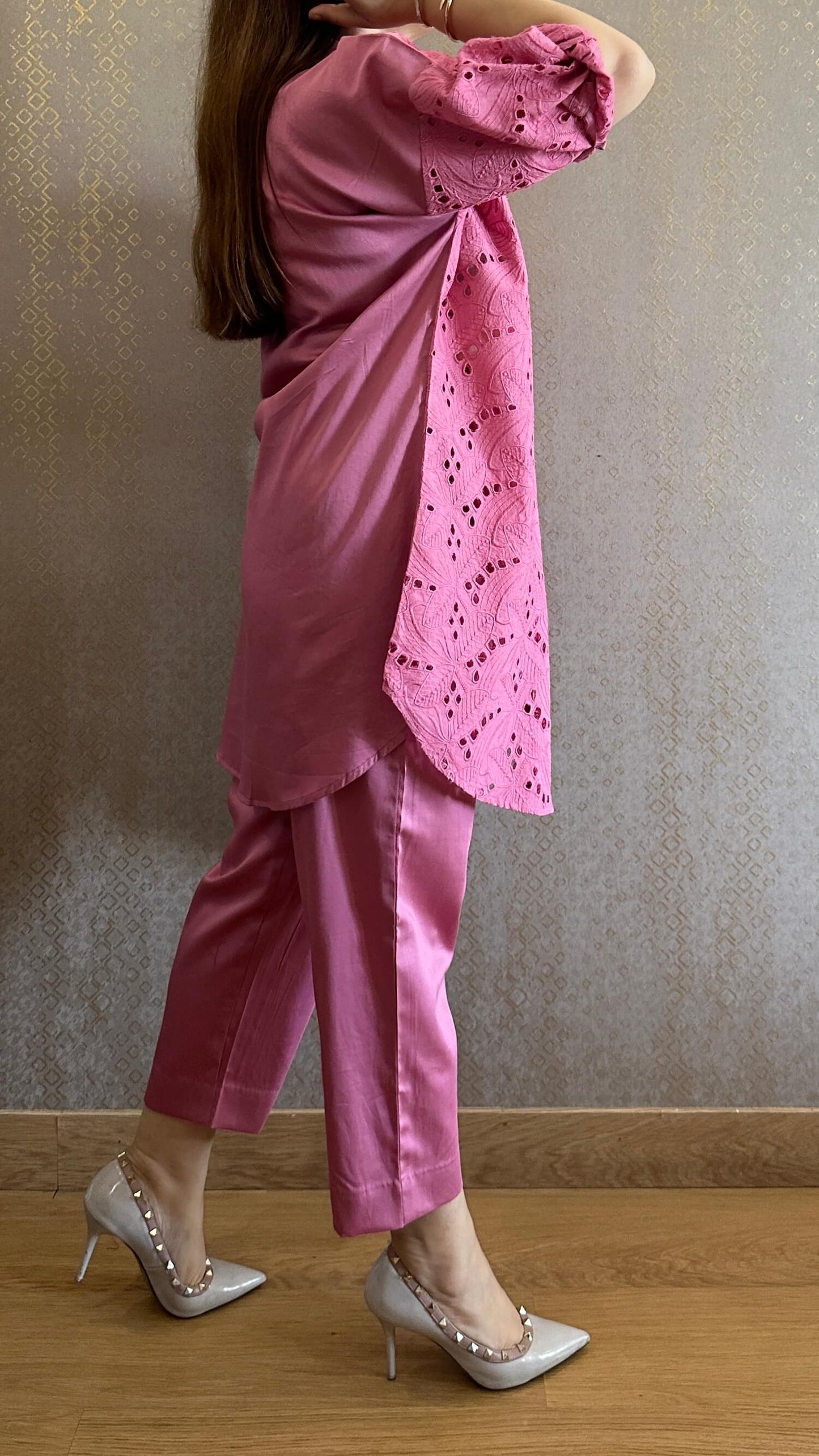 Pink Cotton Chikankari Co-ord Set with Belt