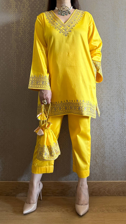 Yellow Cotton Embroidered Kashmiri Co-ord Set