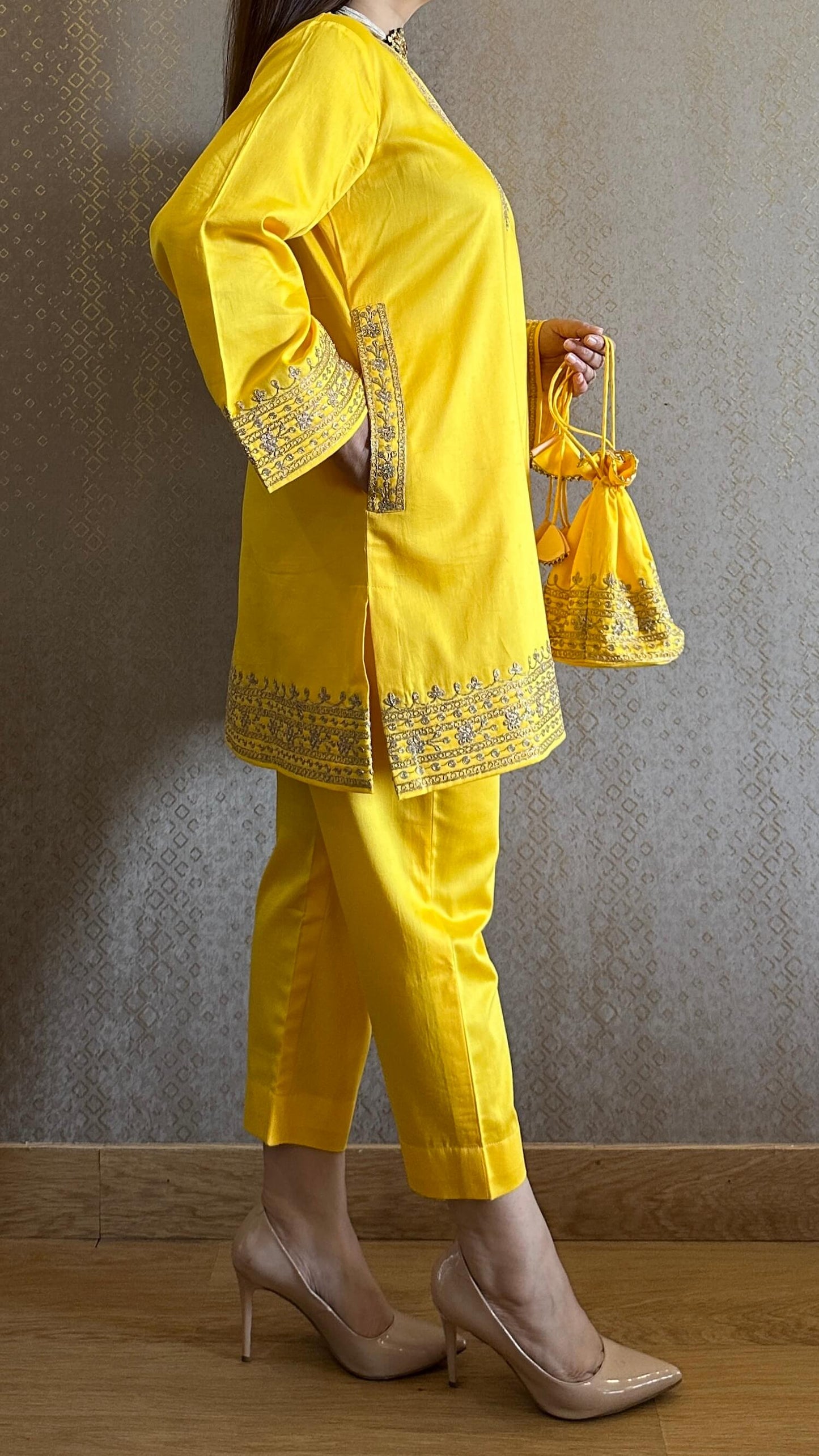 Yellow Cotton Embroidered Kashmiri Co-ord Set