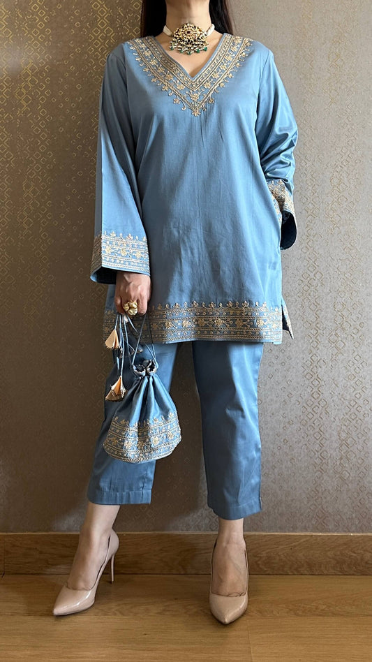 Sky Blue Embroidered Kashmiri Co-ord Set