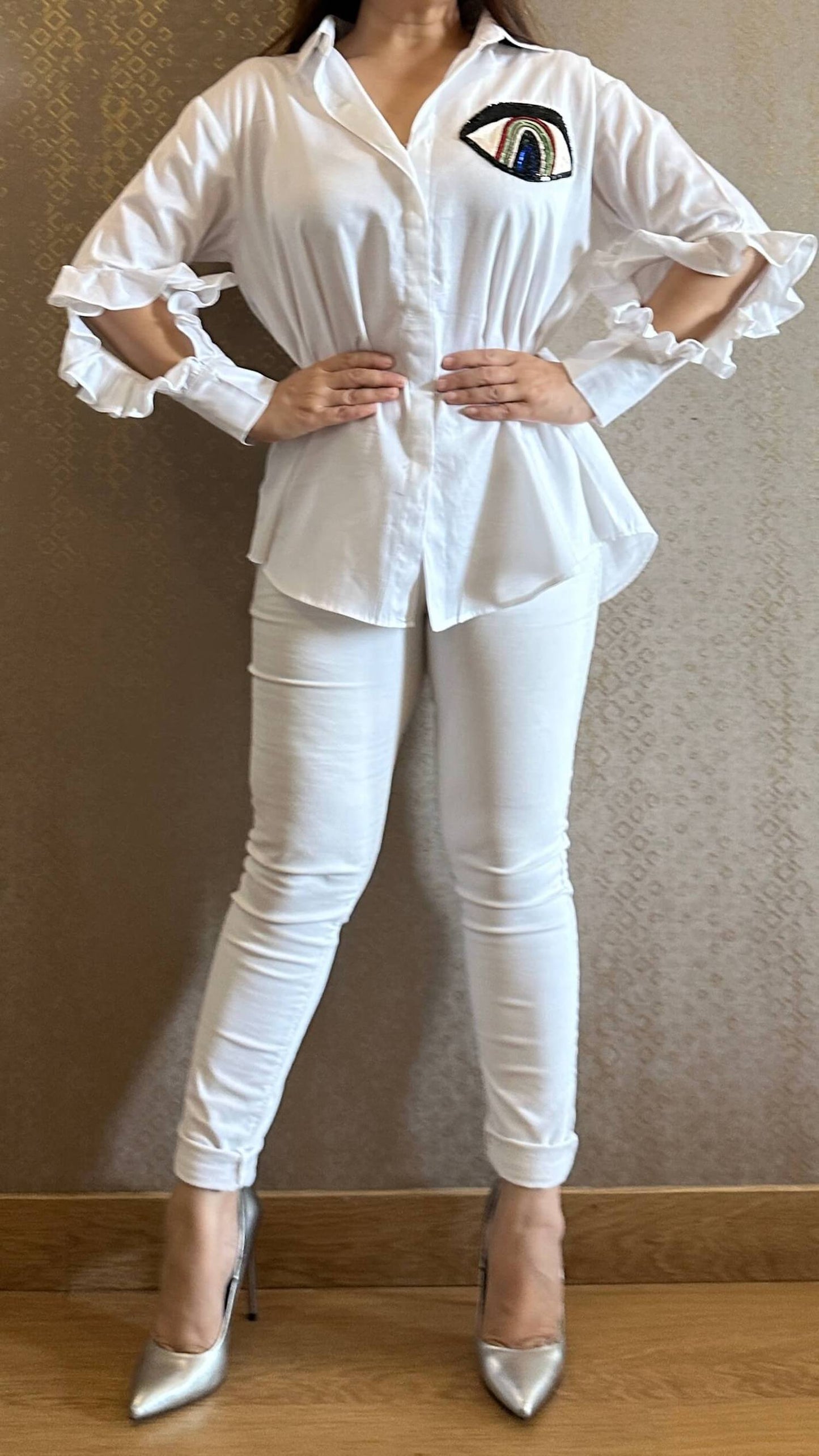 Evil Eye Hand Embroidered Pearl White Shirt
