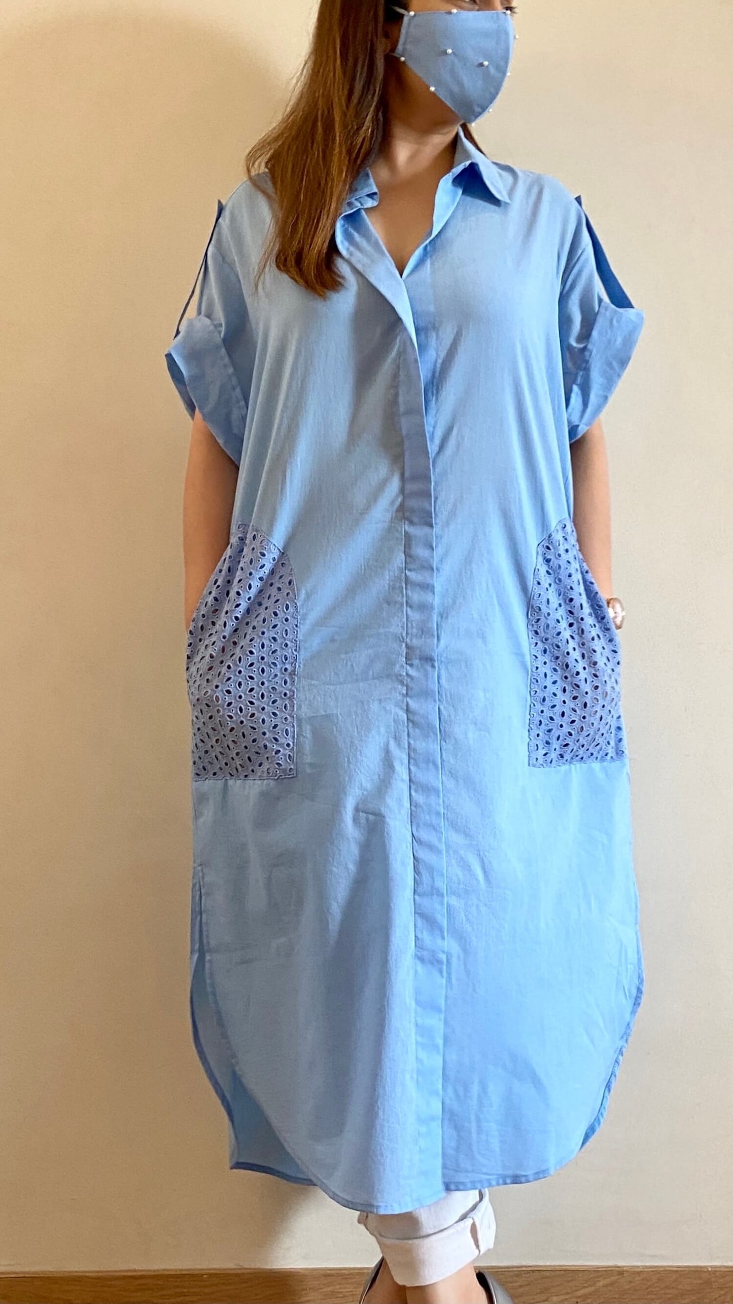 Maya Blue Oversized Pocket Shirt (Freesize) - kylee