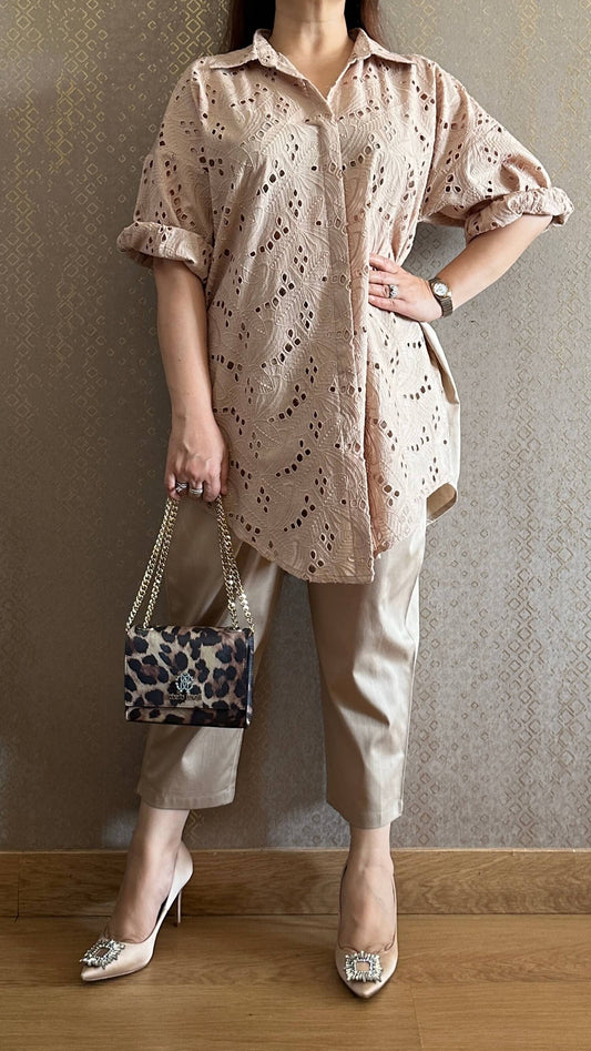 Mocha Cotton Chikankari Co-ord Set with Belt