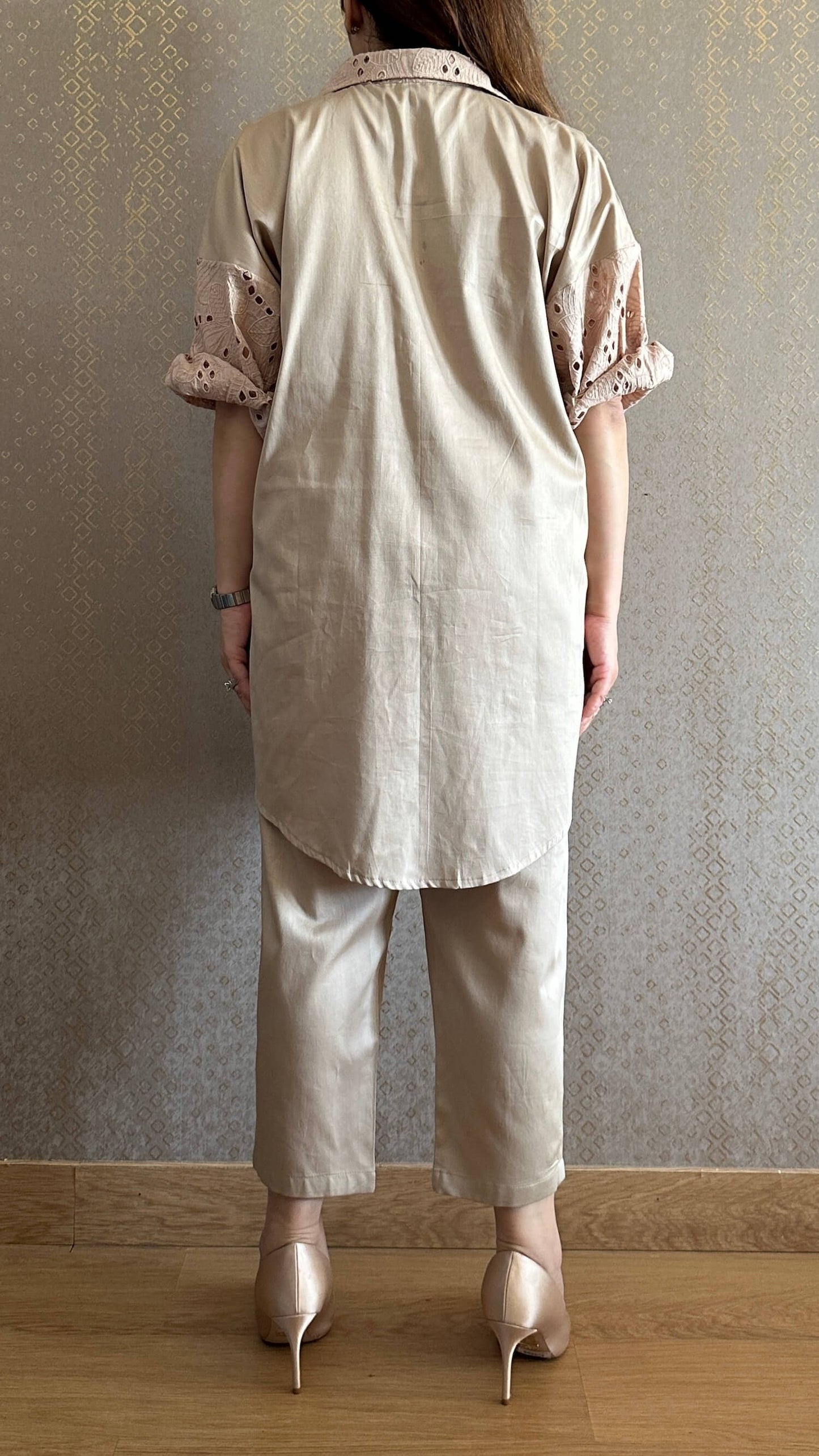 Mocha Cotton Chikankari Co-ord Set with Belt