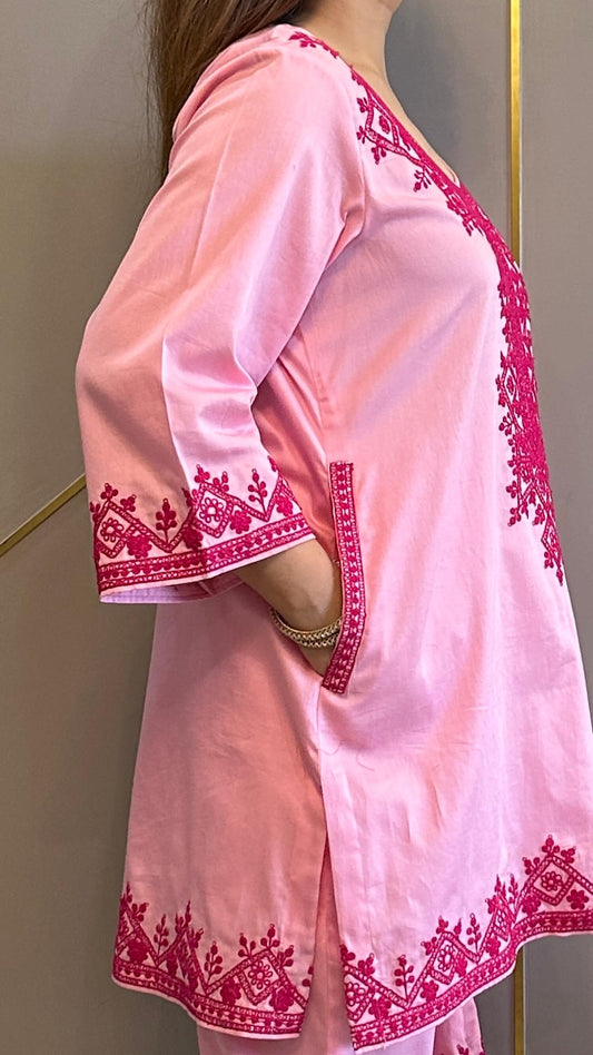 Barbie Pink Kashmiri Phiran Coord with Pants and Matching Potli