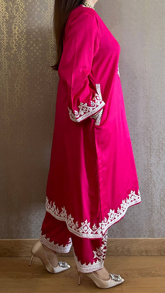 Candy Pink Kashmiri Phiran with Salwar and Matching Potli