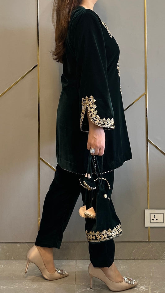 Deep Bottle Green Velvet Short Embroidered Co-ord Set