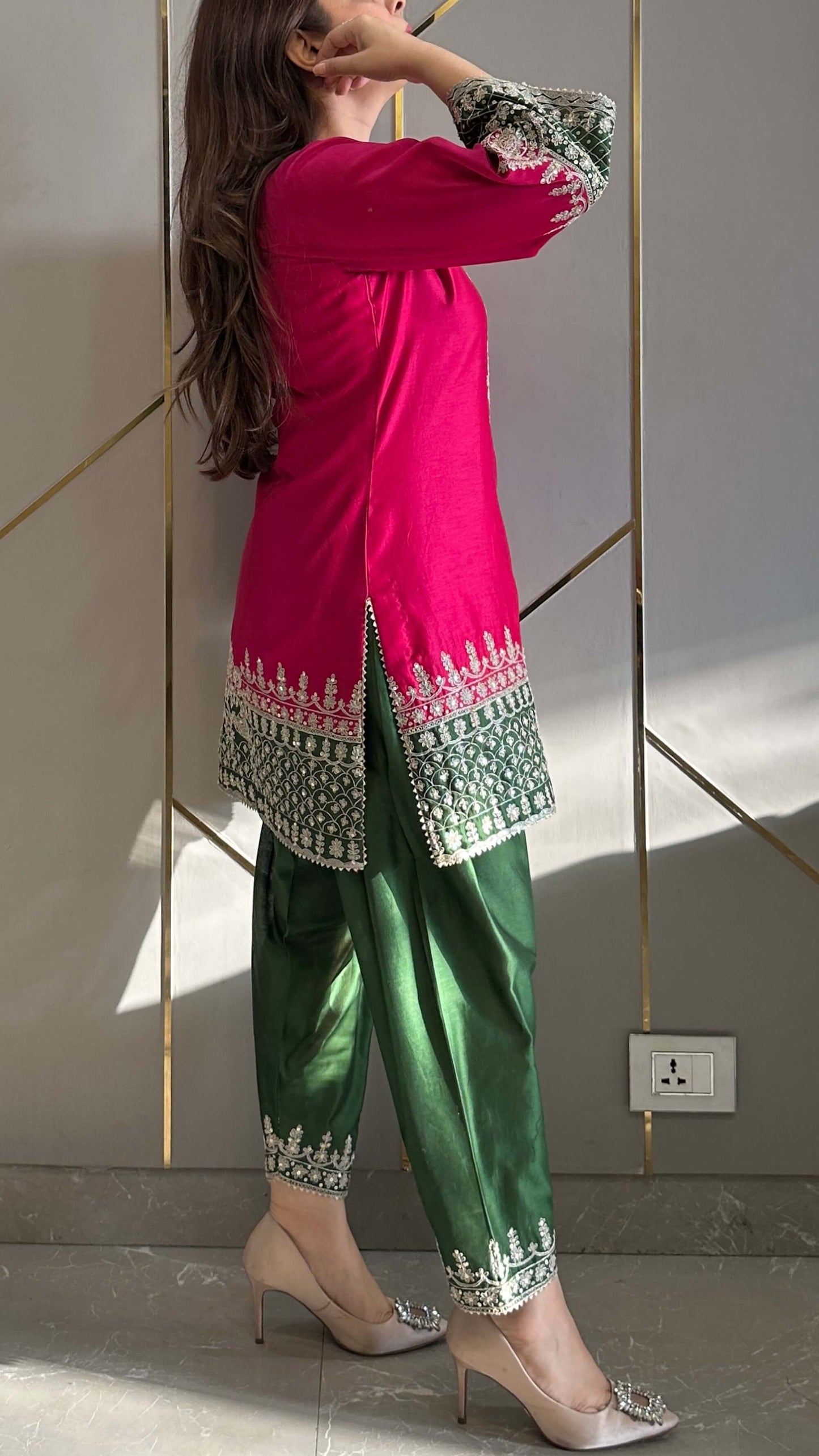 Magenta Chanderi Straight Phiran Kurta with Farshi Salwar