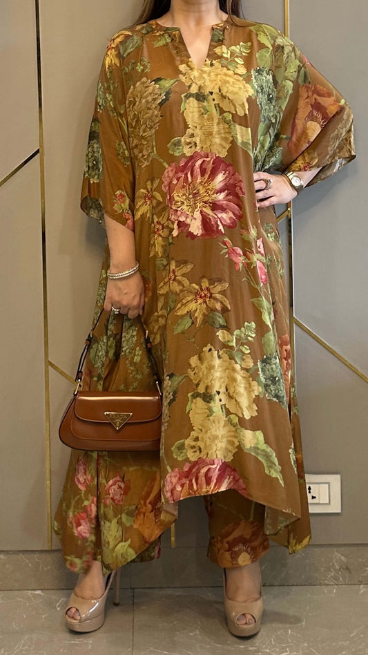 Tan Floral High Low Crepe Co-ord