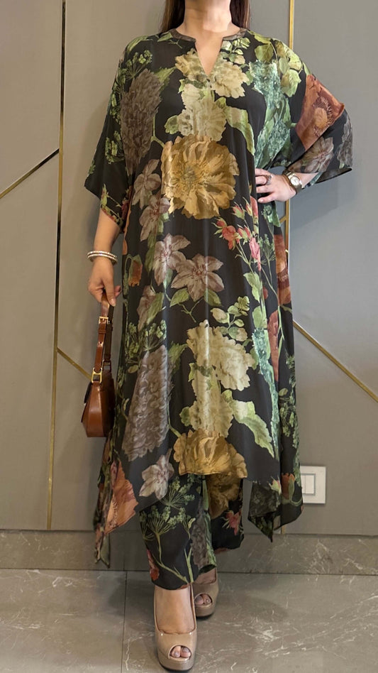 Black Floral High Low Crepe Co-ord