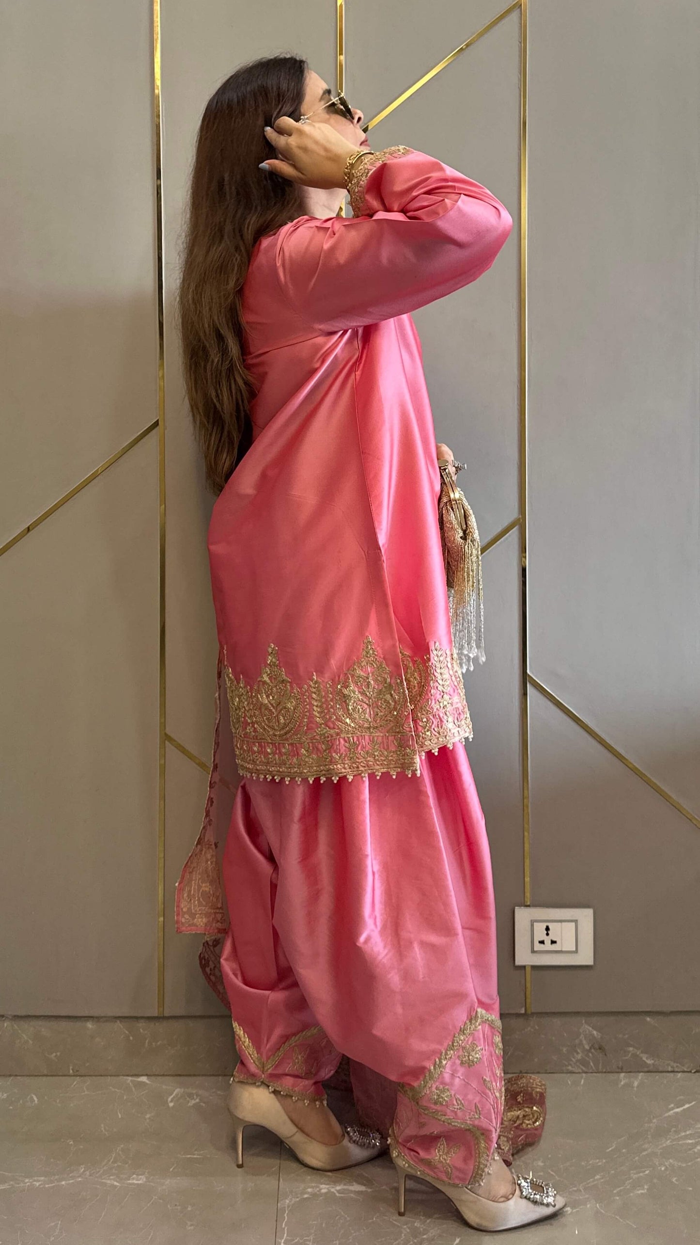 Blush Pink Hand and Dori Embroidered Short Phiran Suit