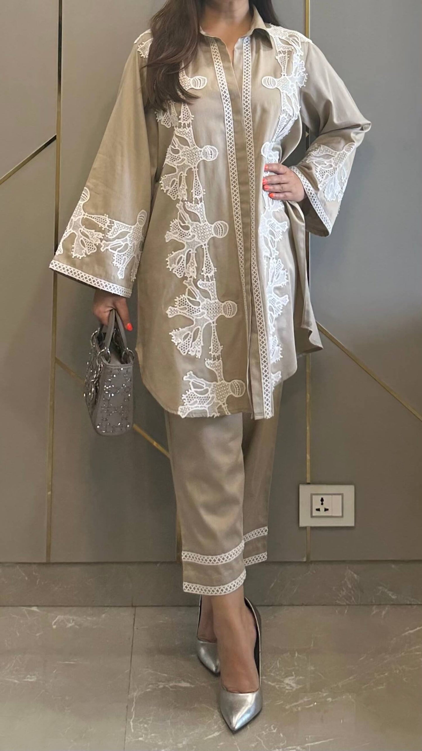 Greyish Beige Venetian Lace Co-ord Set