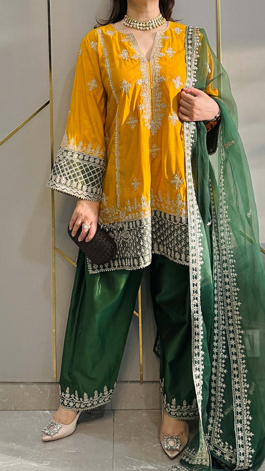 Mustard Chanderi Short Phiran Kurta with Farshi Salwar