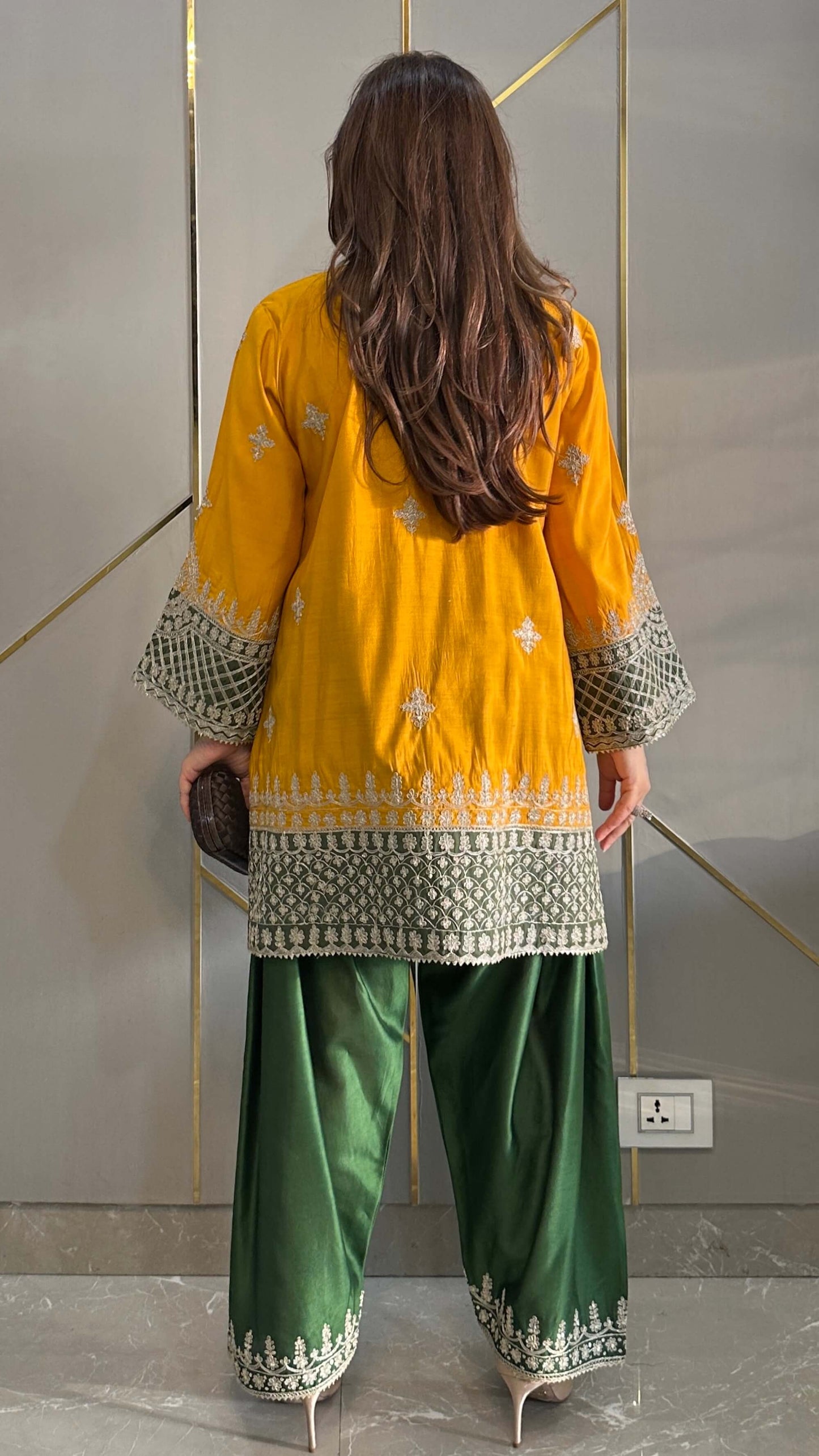 Mustard Chanderi Short Phiran Kurta with Farshi Salwar