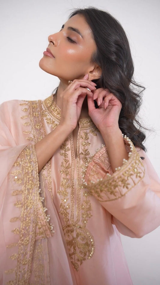 Light Peach Hand and Dori Embroidered Short Phiran Suit