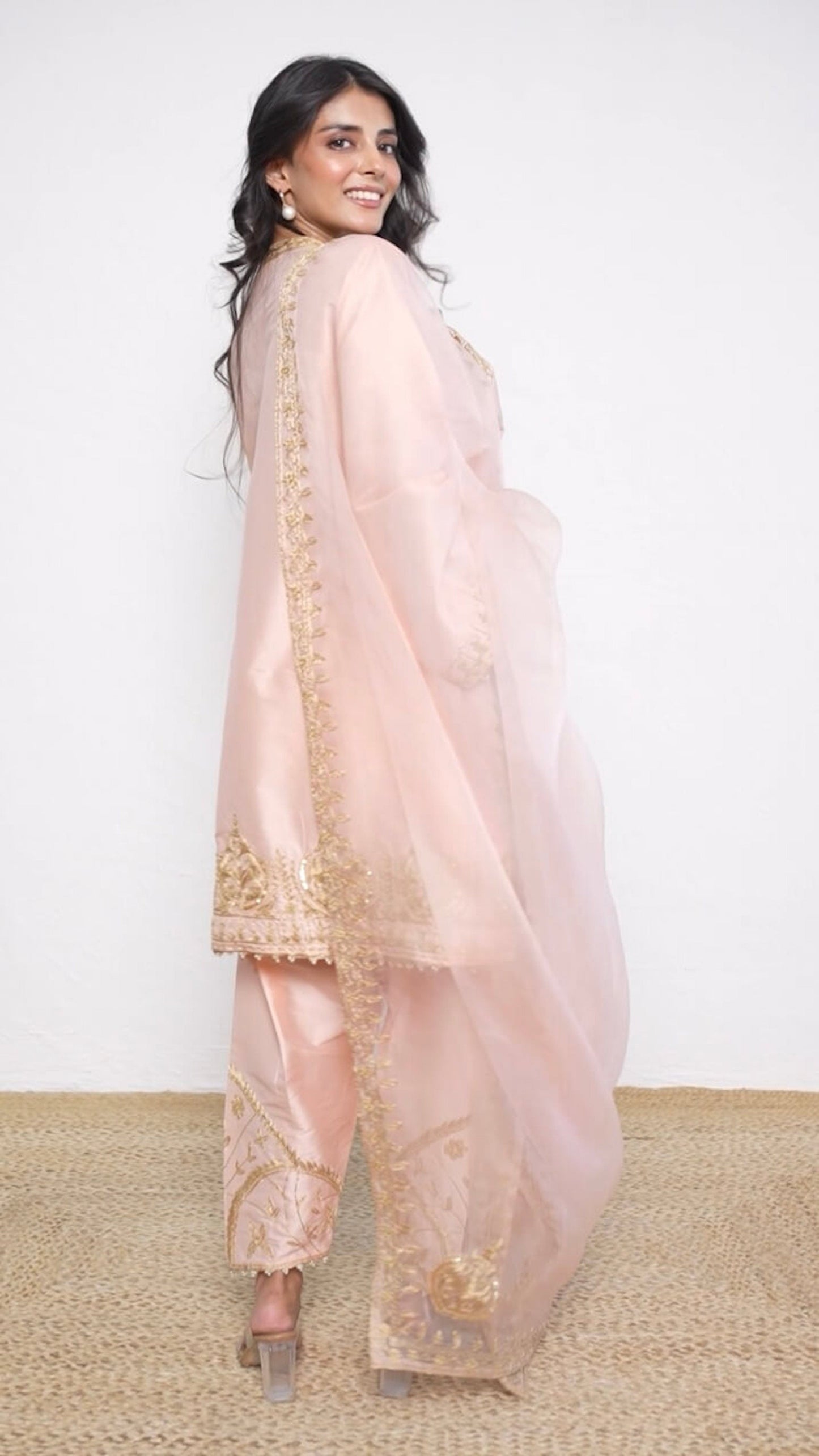 Light Peach Hand and Dori Embroidered Short Phiran Suit