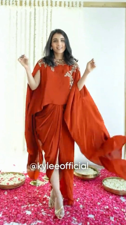 Masoom Rust Red Hand Embroidered Cape Co-ord Set