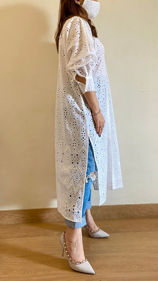 Pearl White Chikankari High-Low Shirt (Freesize) - kylee