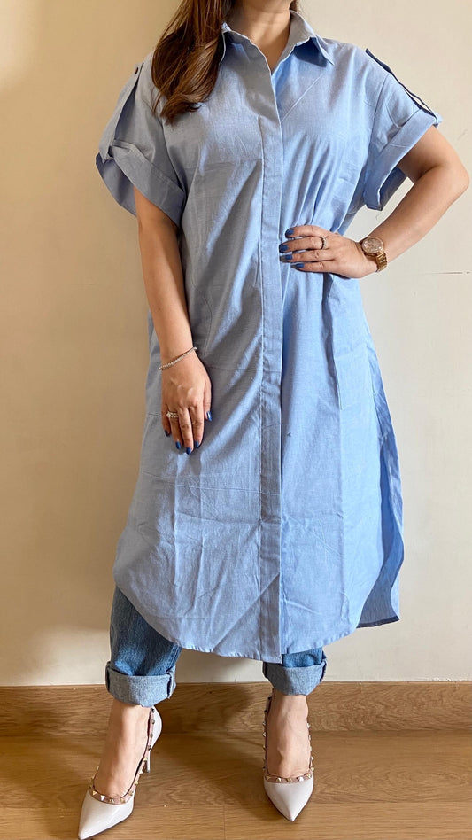Sky Blue Oversize Shirt Dress with Pockets (Freesize) - kylee