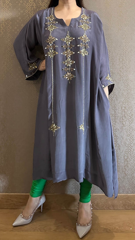 Grey Hand-Embroidered Phiran Kurta with Churidar