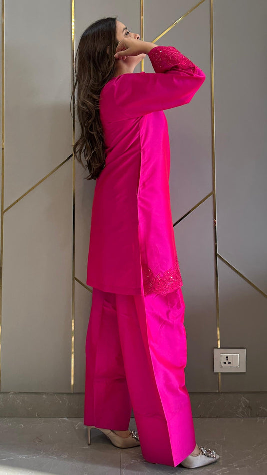 Hot Pink Hand Embroidered Rani Co-ord with Farshi Salwar