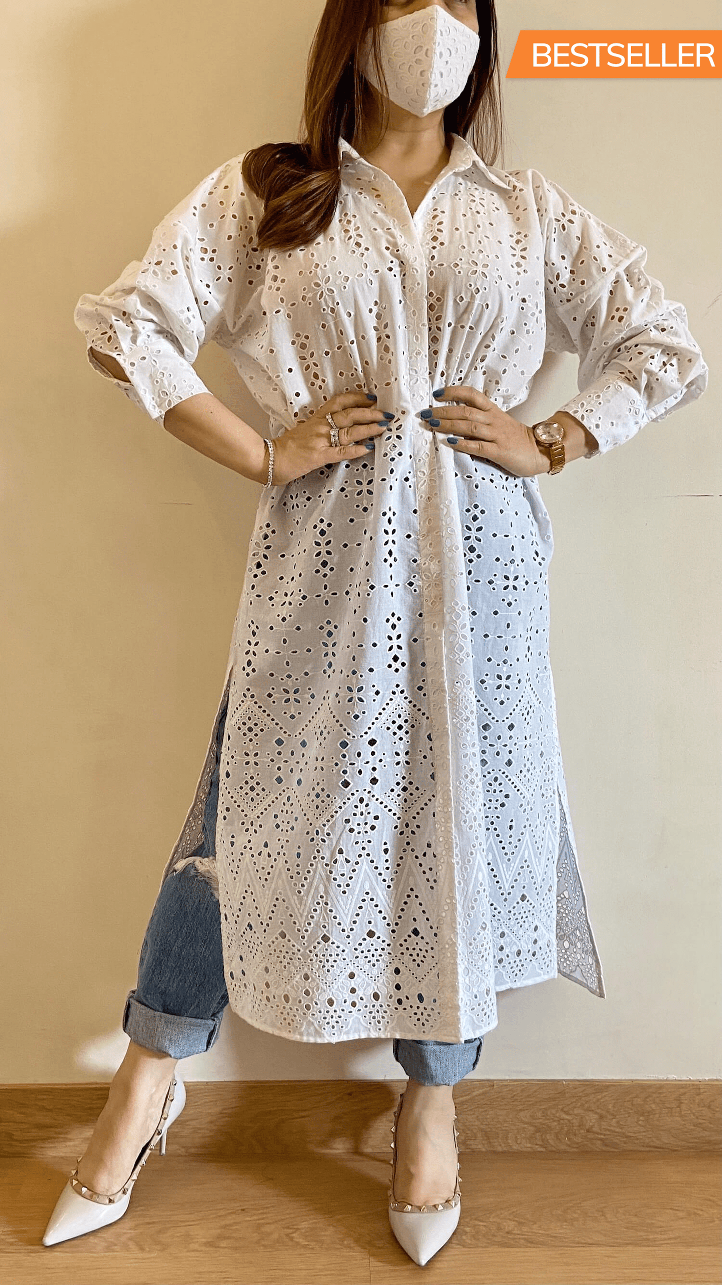 Pearl White Chikankari High-Low Shirt (Freesize) - kylee
