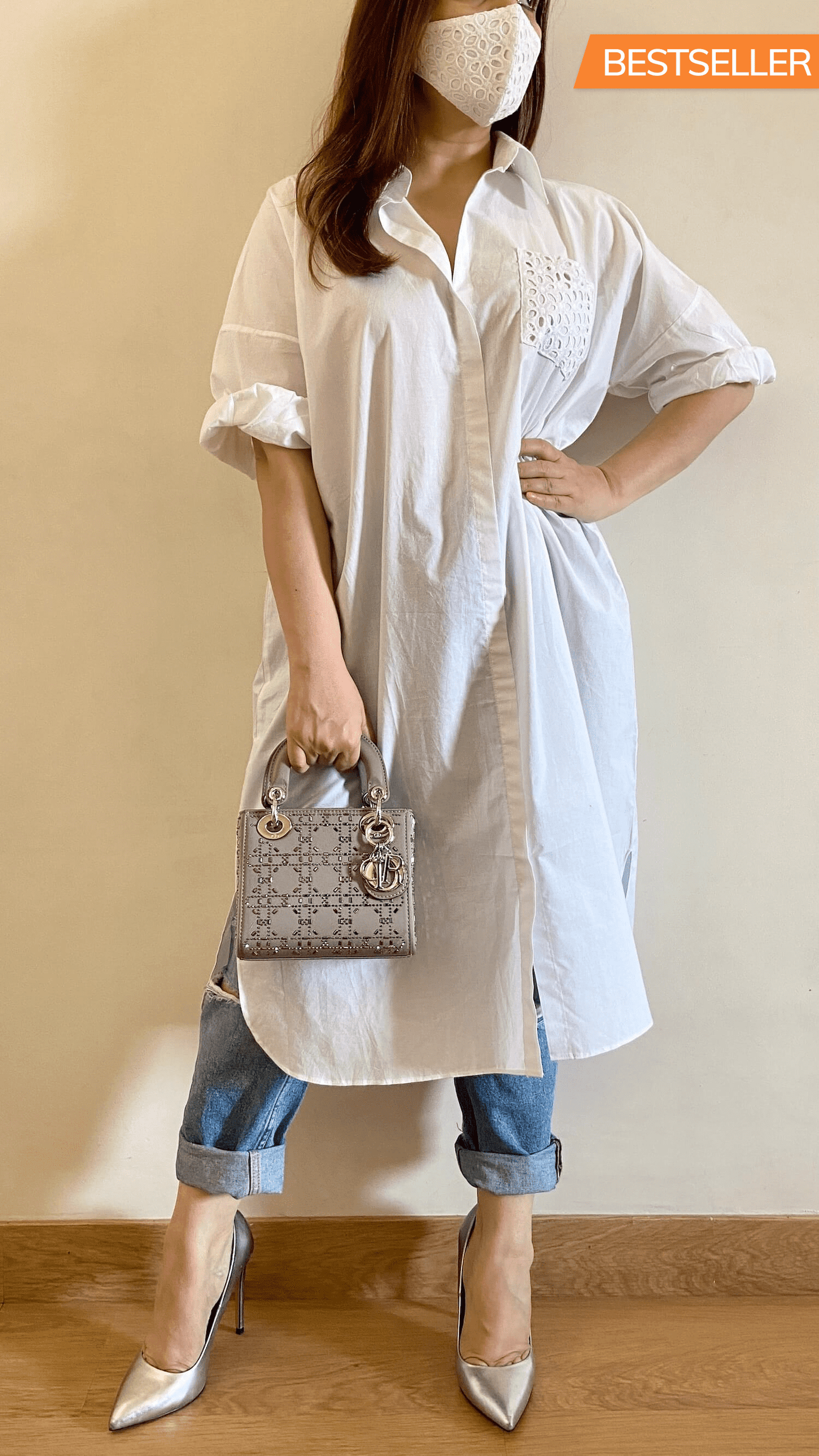 Pearl White Oversized Cotton Shirt with Face Mask - kylee
