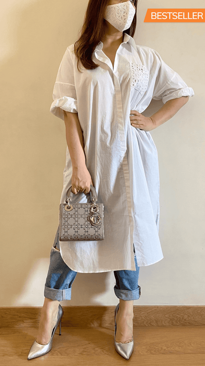 Pearl White Oversized Cotton Shirt with Face Mask - kylee
