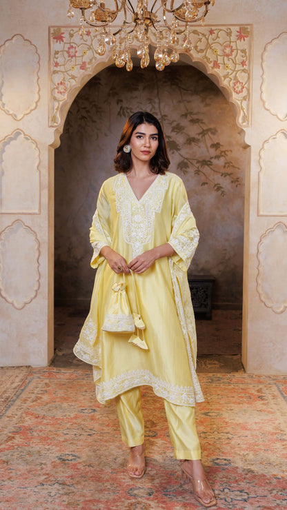 Butter Yellow Abha Kurta with Pants and Potli