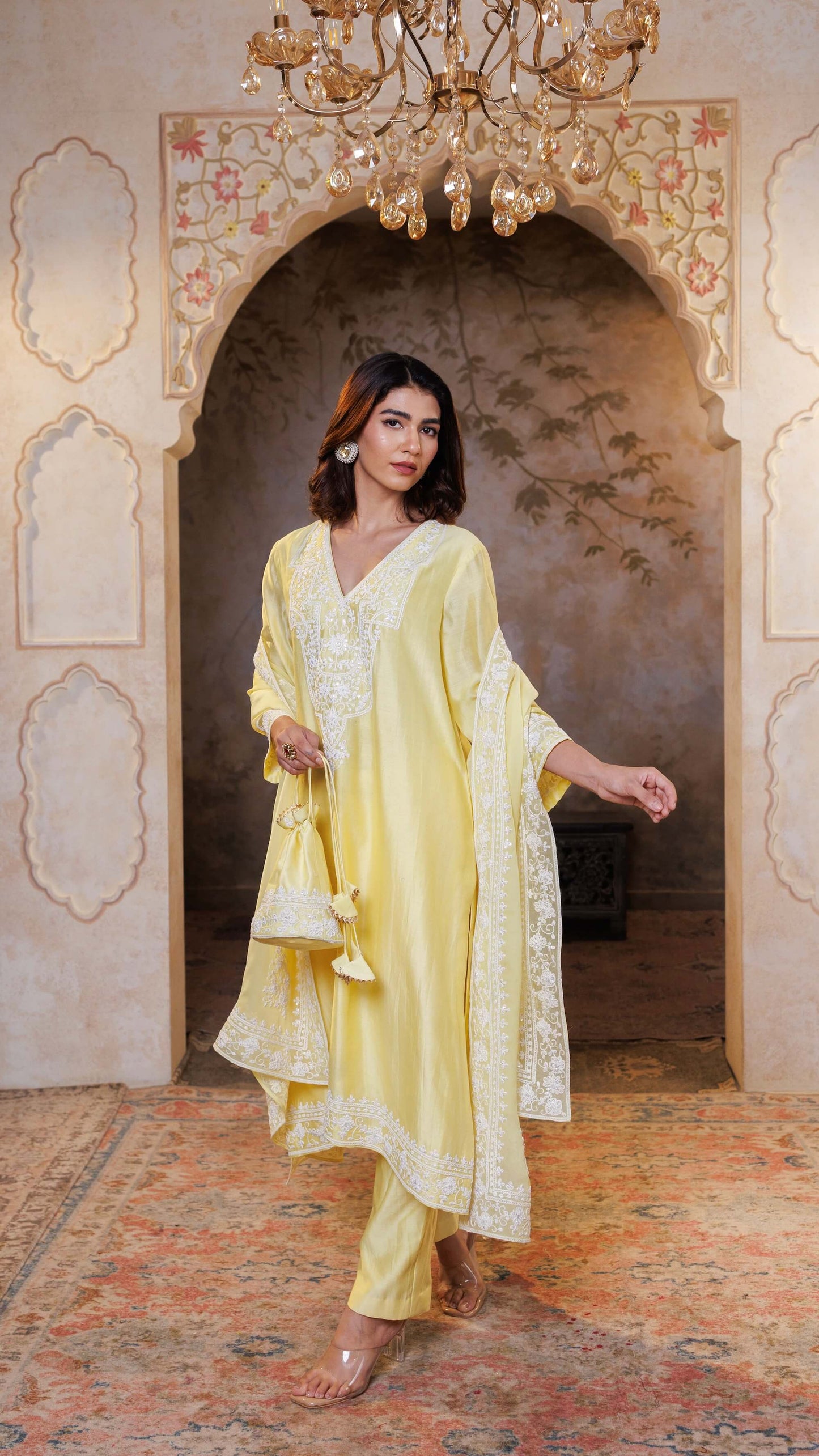 Butter Yellow Abha Kurta with Pants and Potli