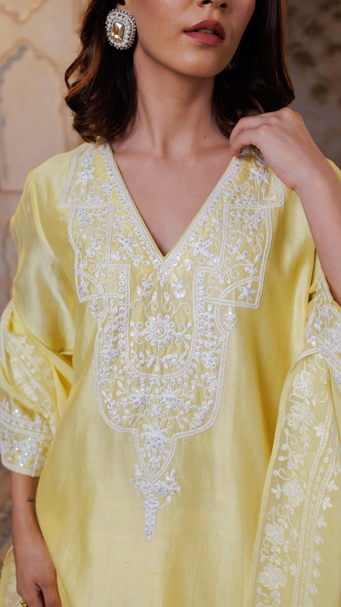 Butter Yellow Abha Kurta with Pants and Potli