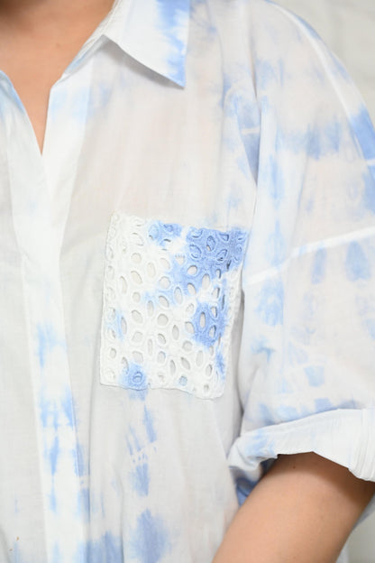 Blue-White Oversized Tie-Dye Cotton Shirt with Face Mask - kylee