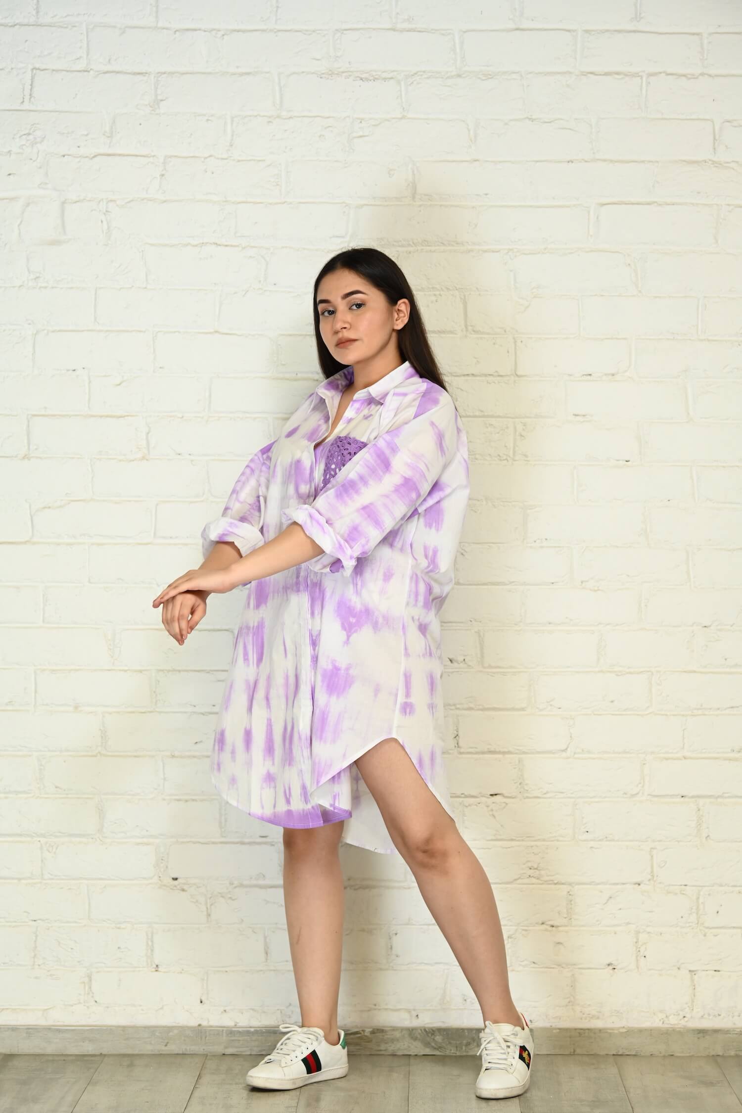 Purple-White Oversized Tie-Dye Cotton Shirt with Face Mask - kylee
