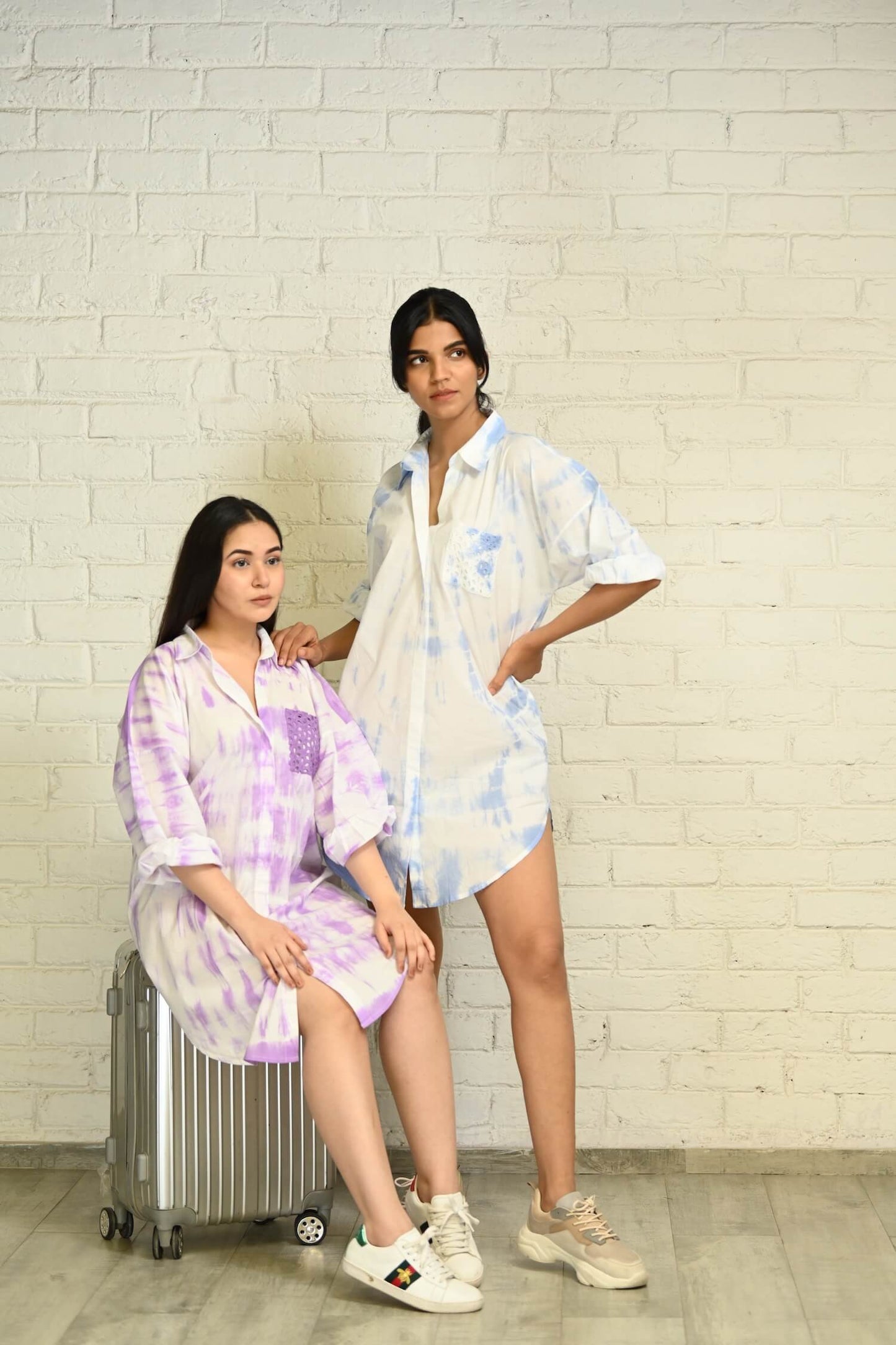 Blue-White Oversized Tie-Dye Cotton Shirt with Face Mask - kylee