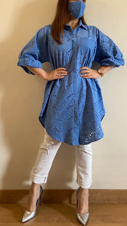 Lagoon Blue Oversized Chikankari Shirt (Freesize) - kylee