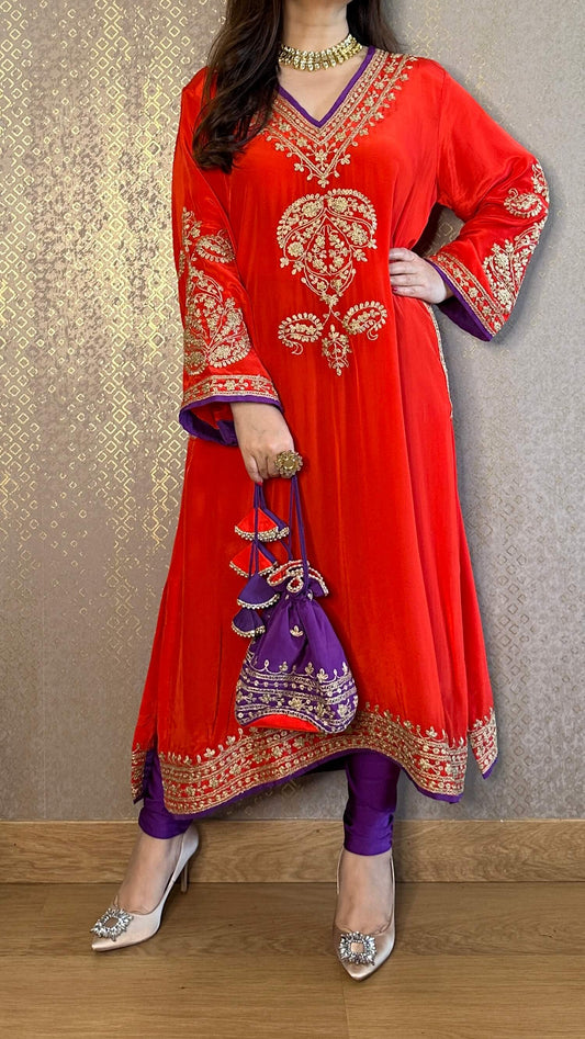 Red Crepe Kashmiri-Phiran Kurta with Churidar and Matching Potli