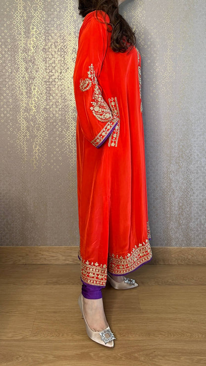 Red Crepe Kashmiri-Phiran Kurta with Churidar and Matching Potli