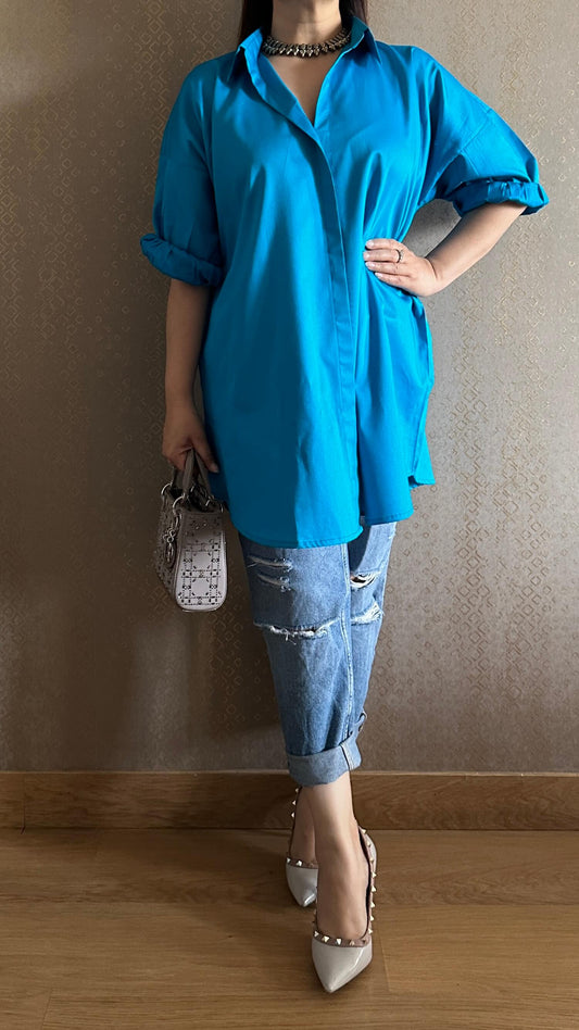 Minty Blue Oversized Cotton Shirt