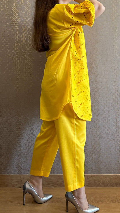 Lemony Yellow Cotton Chikankari Co-ord Set with Belt