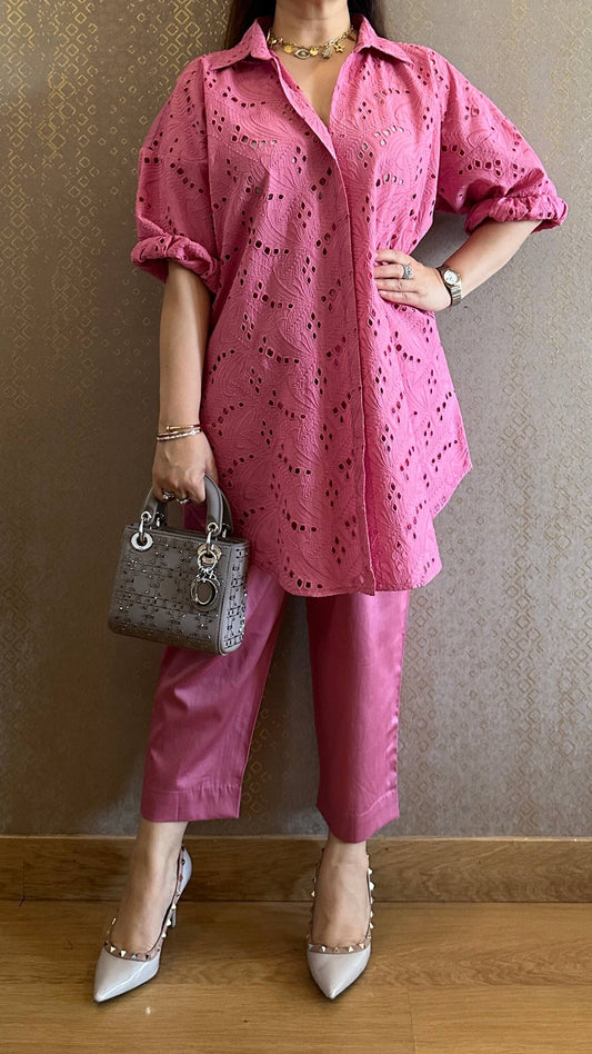 Pink Cotton Chikankari Co-ord Set with Belt