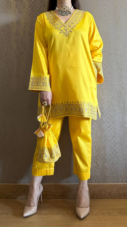 Yellow Cotton Embroidered Kashmiri Co-ord Set