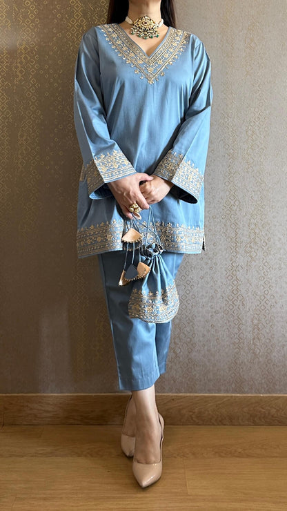 Sky Blue Embroidered Kashmiri Co-ord Set
