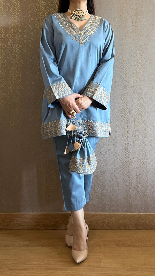 Sky Blue Embroidered Kashmiri Co-ord Set