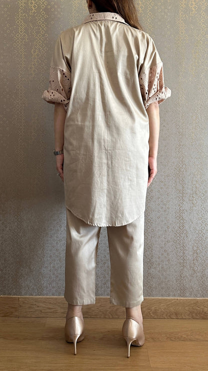 Mocha Cotton Chikankari Co-ord Set with Belt